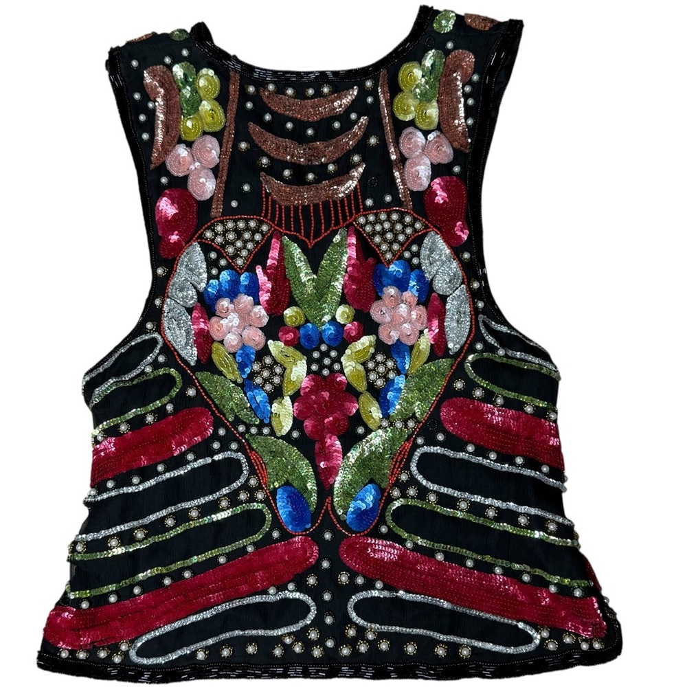 Vintage Multi Color Sequined Black Silk Vest Size Small - Picture 2 of 10